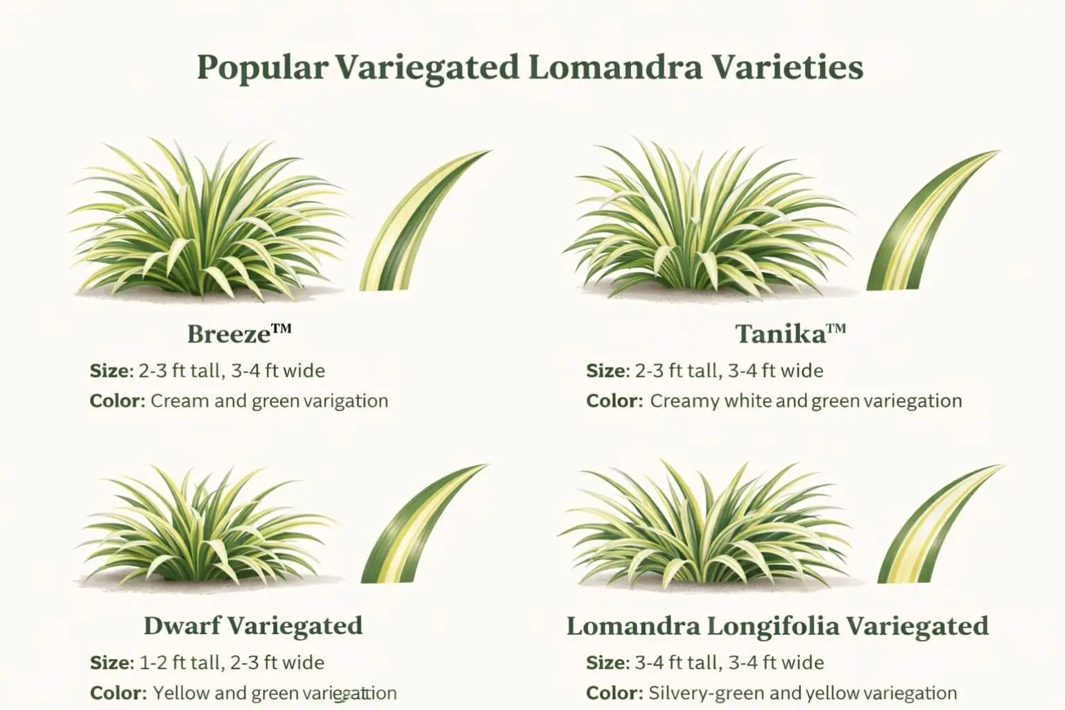 SEO infographic displaying popular variegated lomandra varieties with leaf colors, patterns, and sizes for landscape gardening.