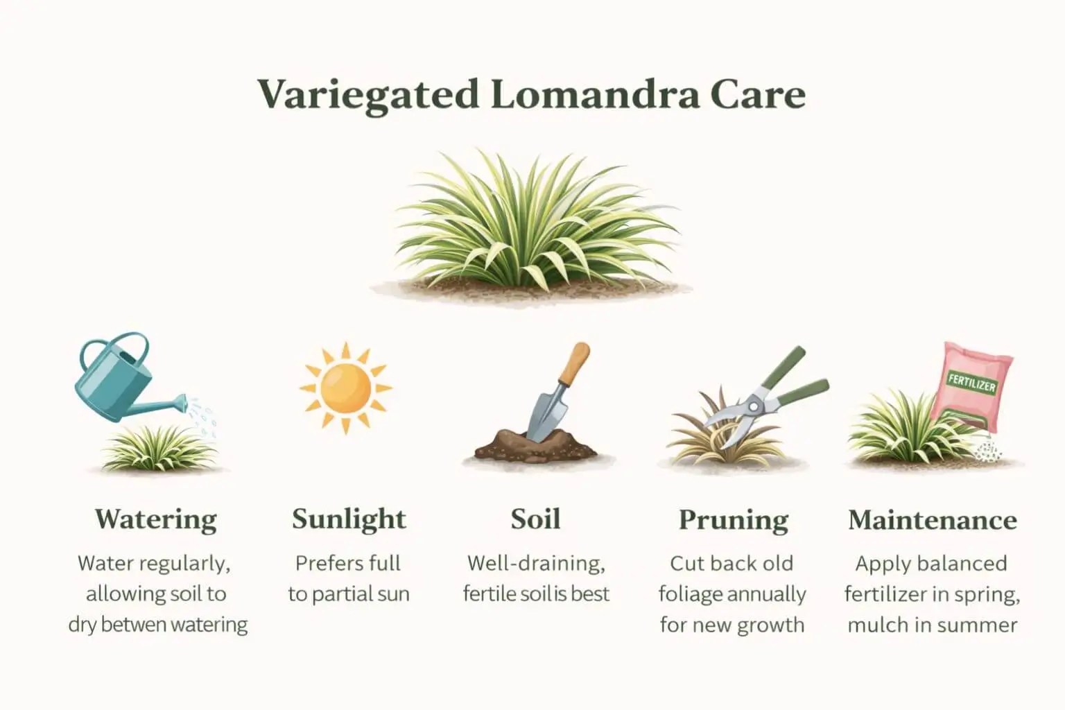 AIO infographic showing care tips for variegated lomandra including sun, water, soil, and pruning requirements.
