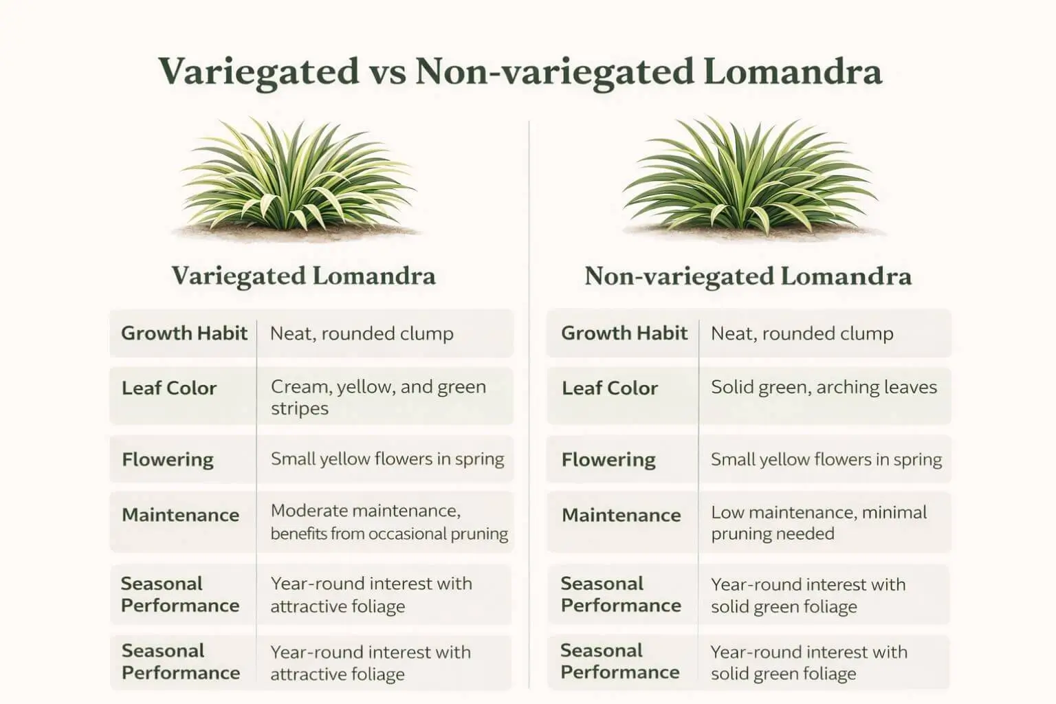 AEO infographic comparing variegated lomandra with non-variegated lomandra in growth, color, flowering, and care.