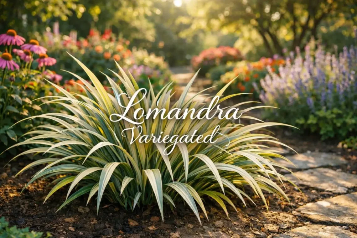 Vibrant variegated lomandra in a landscaped garden with cream, yellow, and silver-striped leaves showcasing ornamental grass structure.