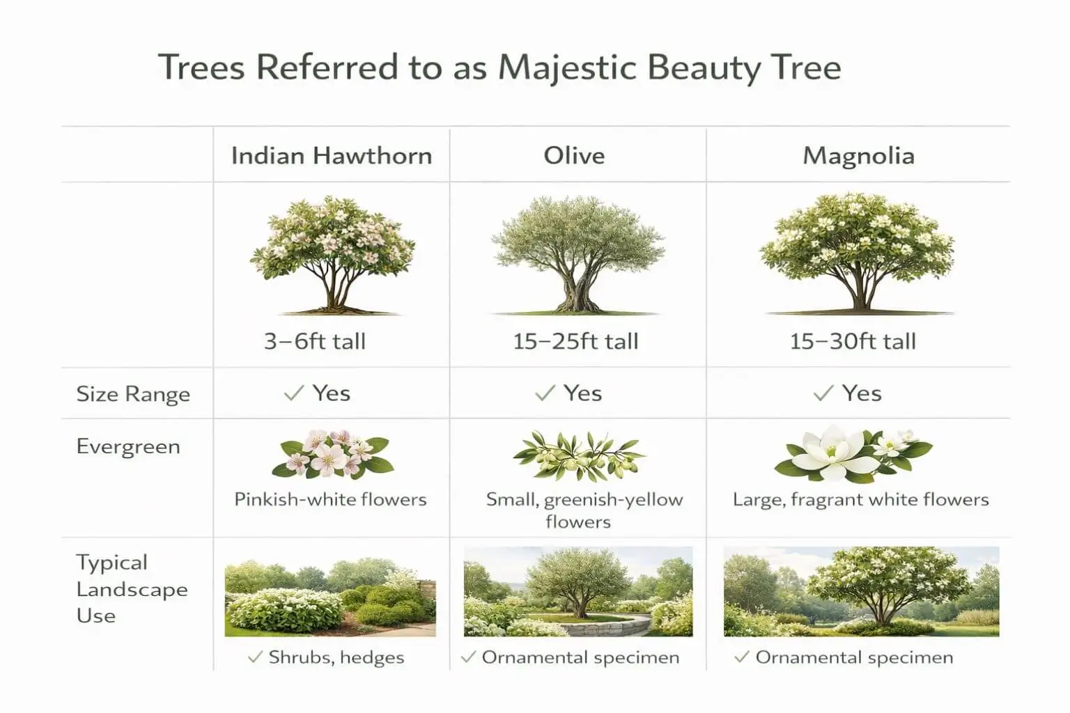 majestic beauty tree types comparison indian hawthorn olive and magnolia varieties