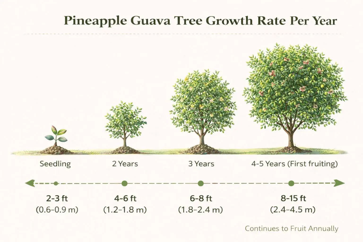 Pineapple guava tree growth rate per year infographic showing yearly height and maturity stages