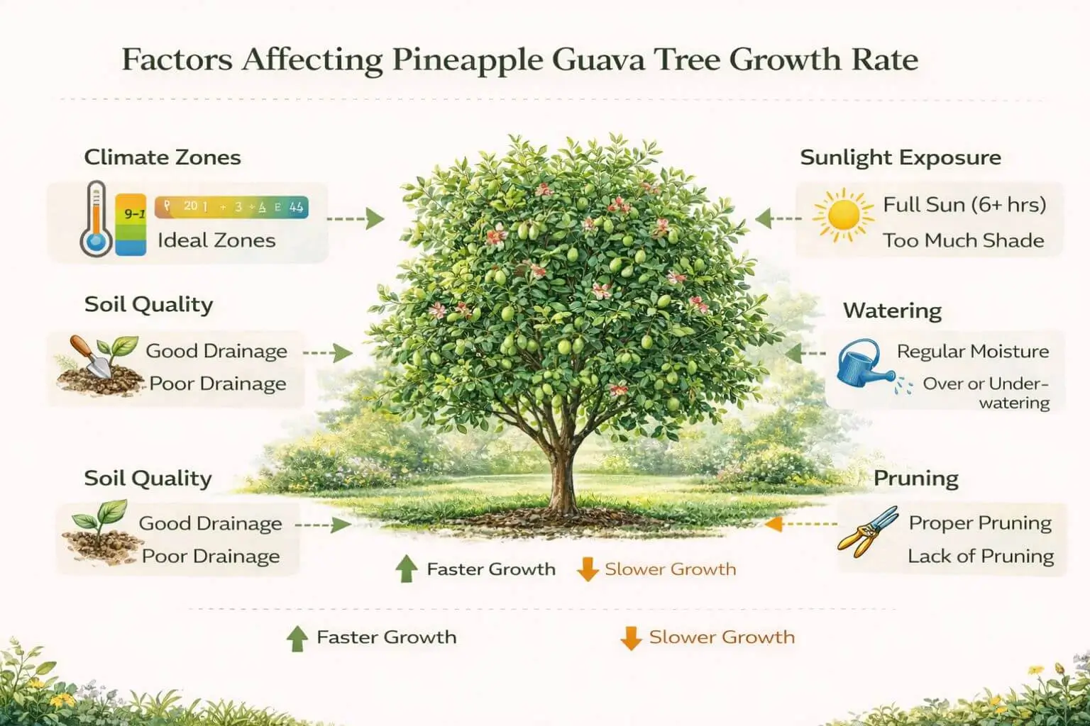 Factors affecting pineapple guava tree growth rate including climate, soil, sunlight, water, and pruning infographic