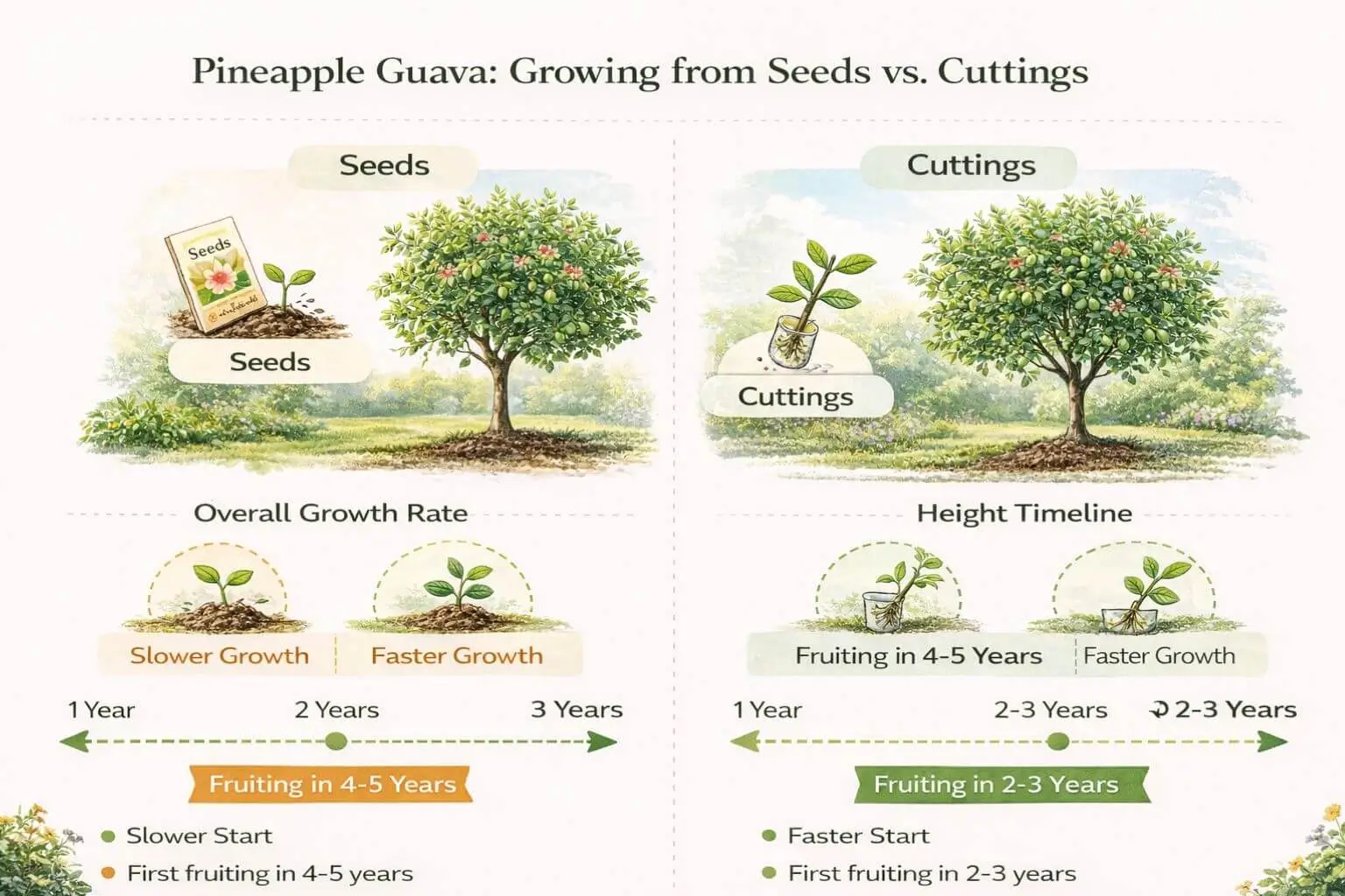 Pineapple guava tree growth rate comparison infographic showing seed-grown vs cutting-grown trees and fruiting timelines