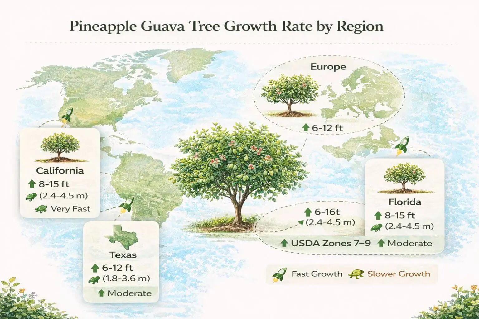 Pineapple guava tree growth rate infographic showing regional differences in California, Florida, Texas, and Europe