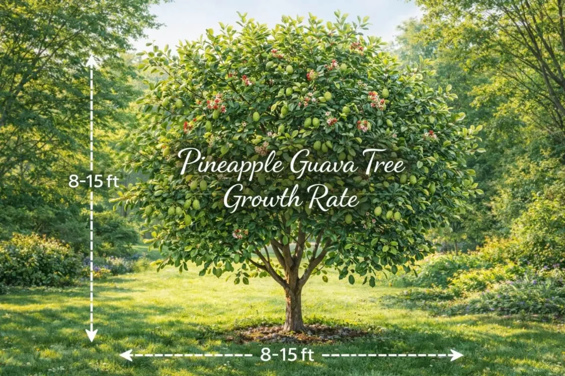 Pineapple guava tree growth rate with healthy leaves and fruits, showing tree size and spread in garden setting