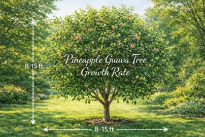 Pineapple guava tree growth rate with healthy leaves and fruits, showing tree size and spread in garden setting