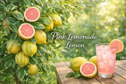 Pink lemonade lemon tree with ripe pink lemons and fresh pink lemonade drink
