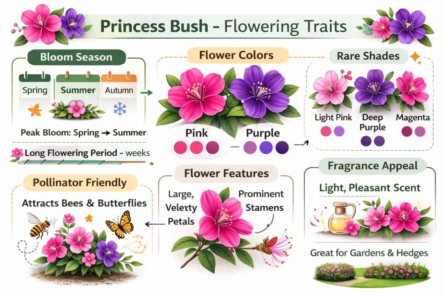 Princess Bush flowering infographic showing bloom season, flower colors, and garden pollinator appeal.