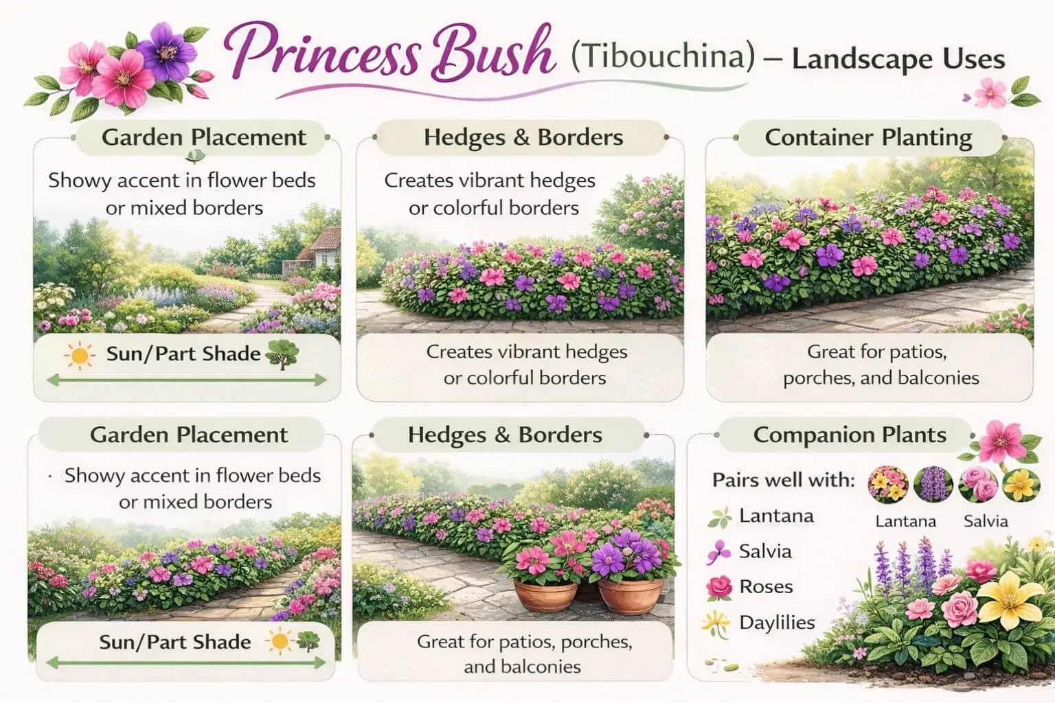 Princess Bush landscaping infographic showing garden placement, hedges, containers, and companion planting ideas.