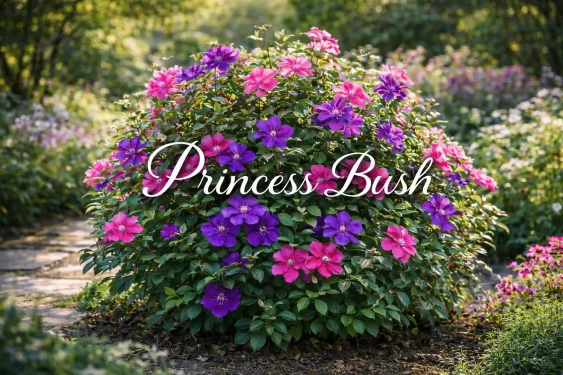 Princess Bush in full bloom with vibrant pink and purple flowers in a sunlit garden, showcasing ornamental shrub beauty and garden appeal.