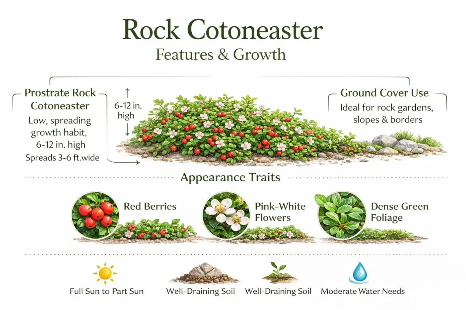 Rock cotoneaster plant infographic showing growth habit, foliage, flowers, berries, and ground cover use