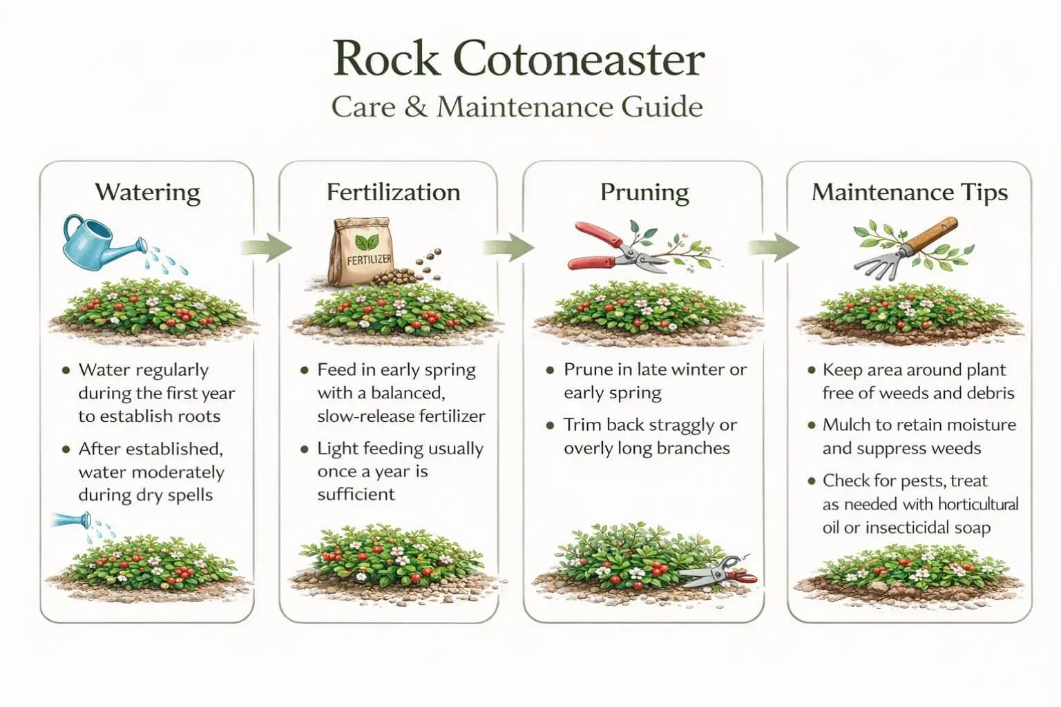 Rock cotoneaster care infographic showing watering, pruning, fertilization, and maintenance steps