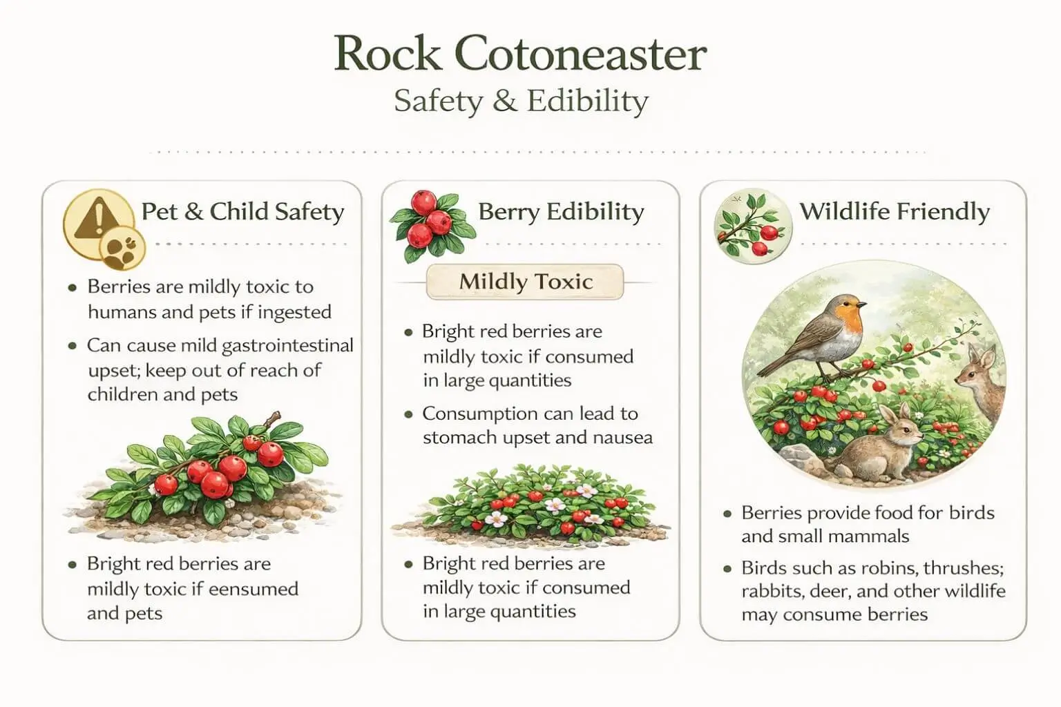 Rock cotoneaster infographic highlighting safety, edibility of berries, and wildlife consumption