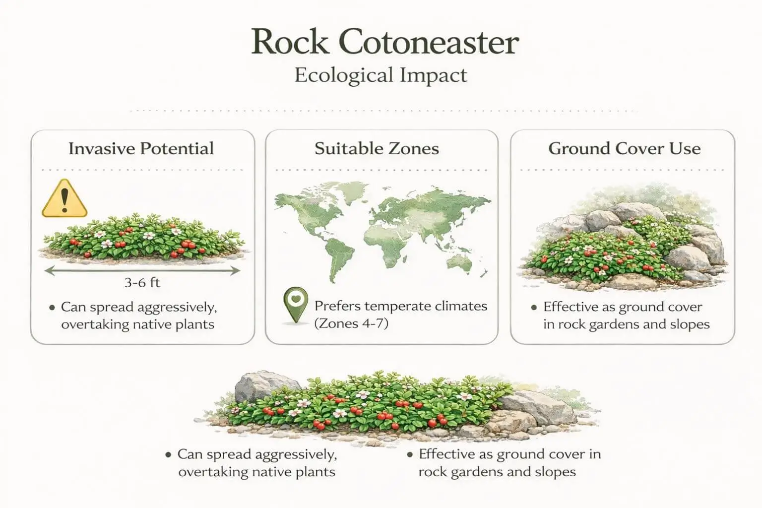 Rock cotoneaster infographic showing growth spread, ecological impact, suitable climates, and invasive potential