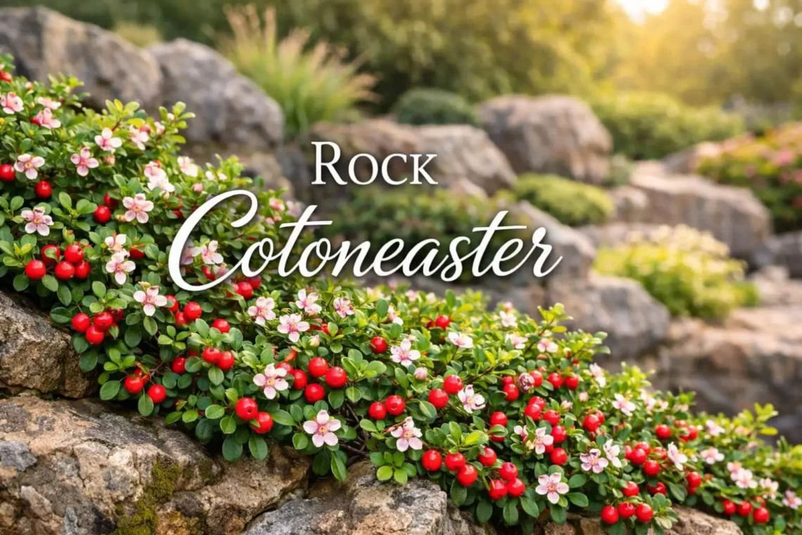 Rock cotoneaster shrub on a rocky slope with flowers and berries in a landscaped garden