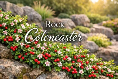 Rock cotoneaster shrub on a rocky slope with flowers and berries in a landscaped garden