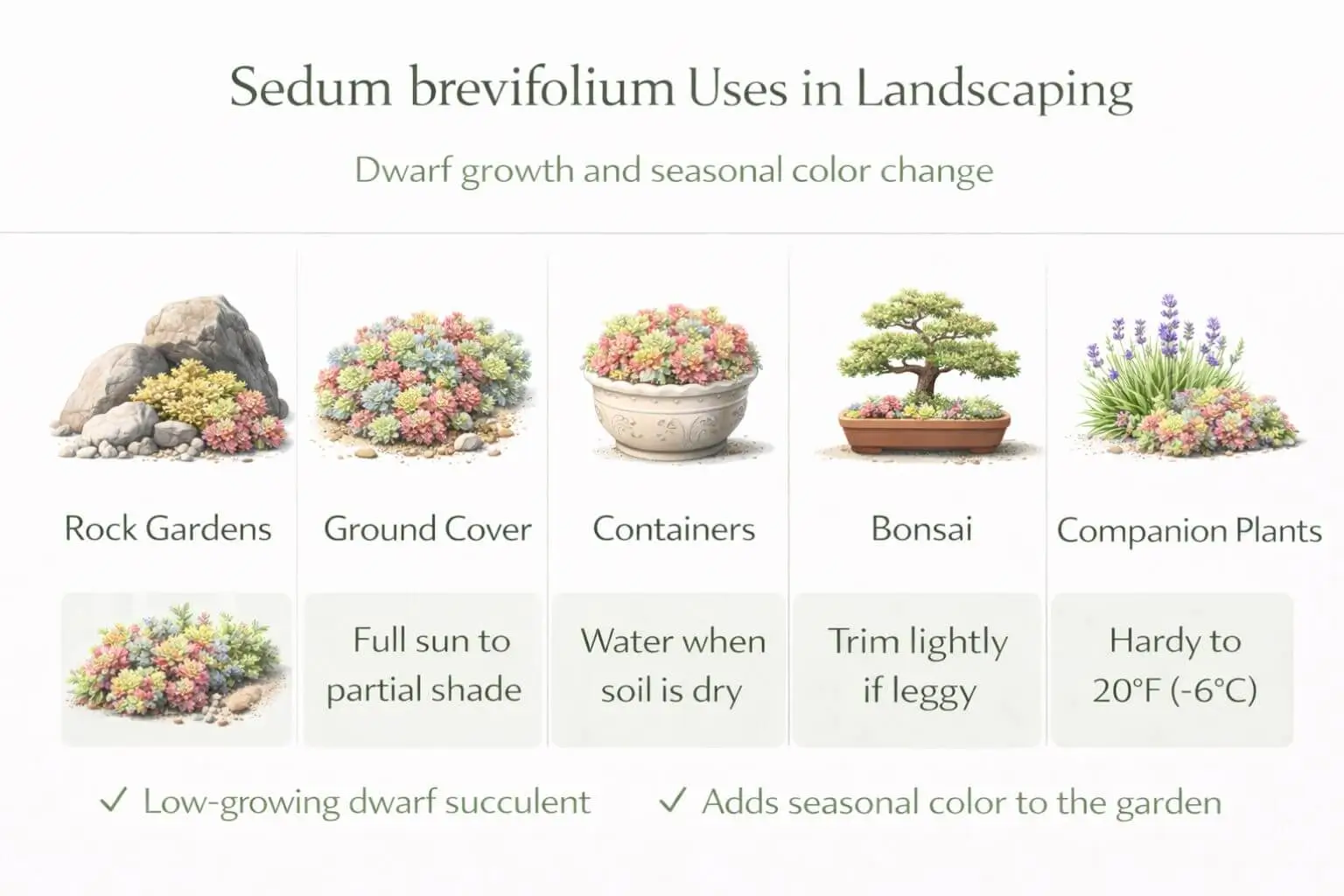 AIO infographic showing sedum brevifolium landscaping uses, ground cover, containers, bonsai, and companion plants