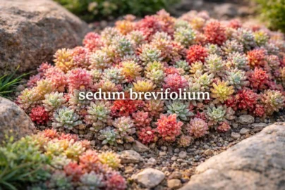 Sedum brevifolium succulent ground cover with colorful rosettes in a sunny rock garden