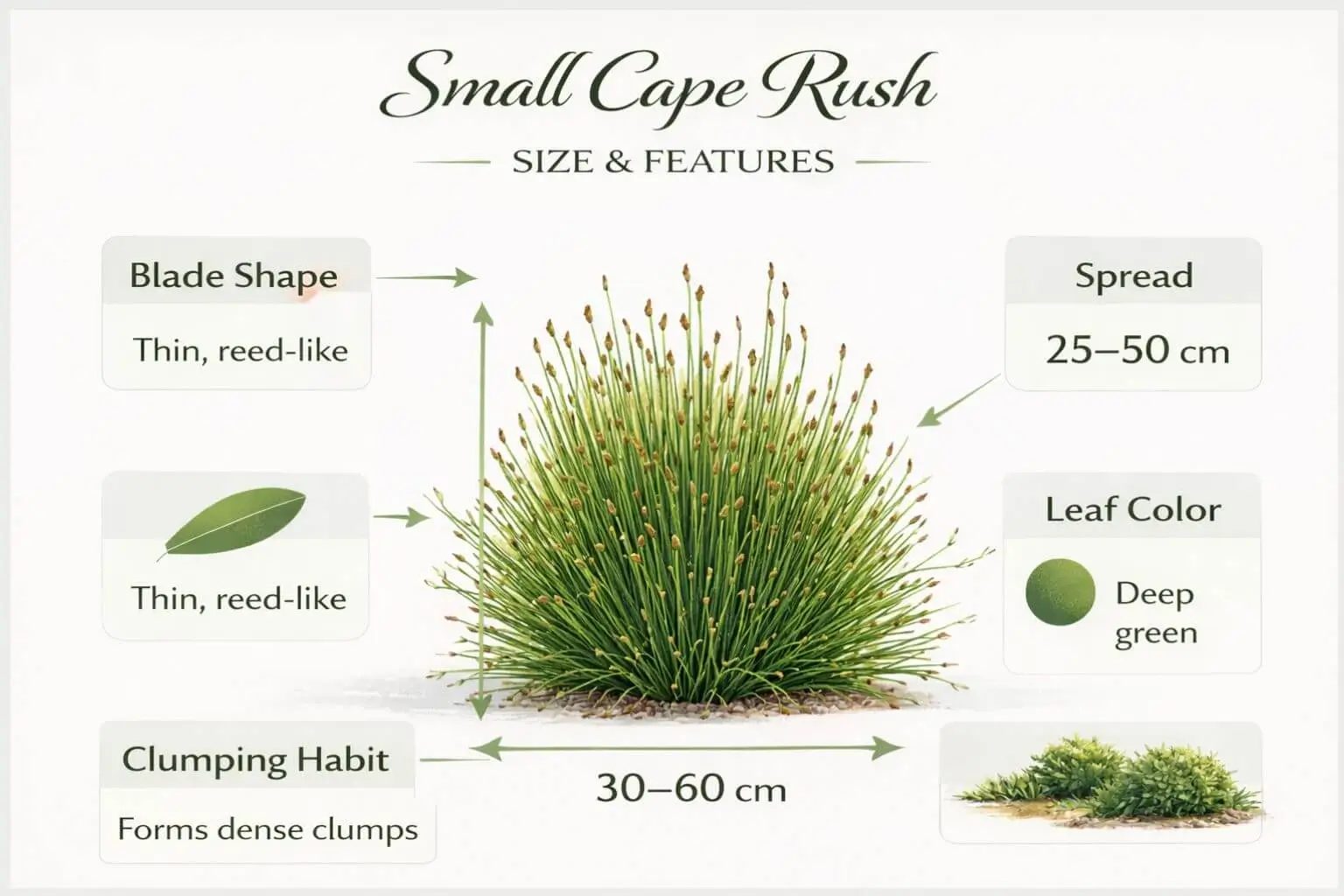Small cape rush plant features infographic showing height, leaf color, and clumping form for gardening.