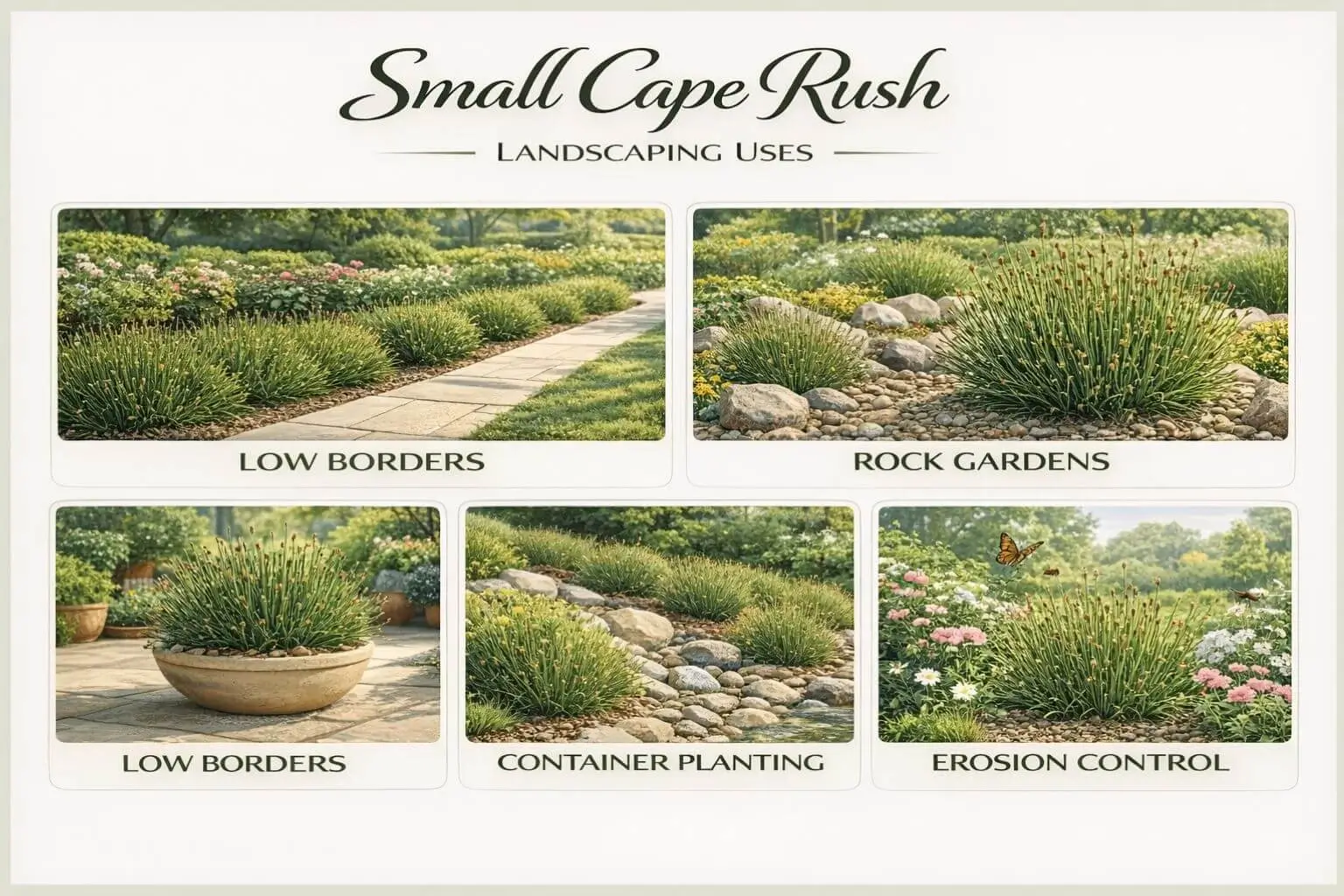 Small cape rush landscaping infographic showing garden design applications, ecological benefits, and habitat uses.