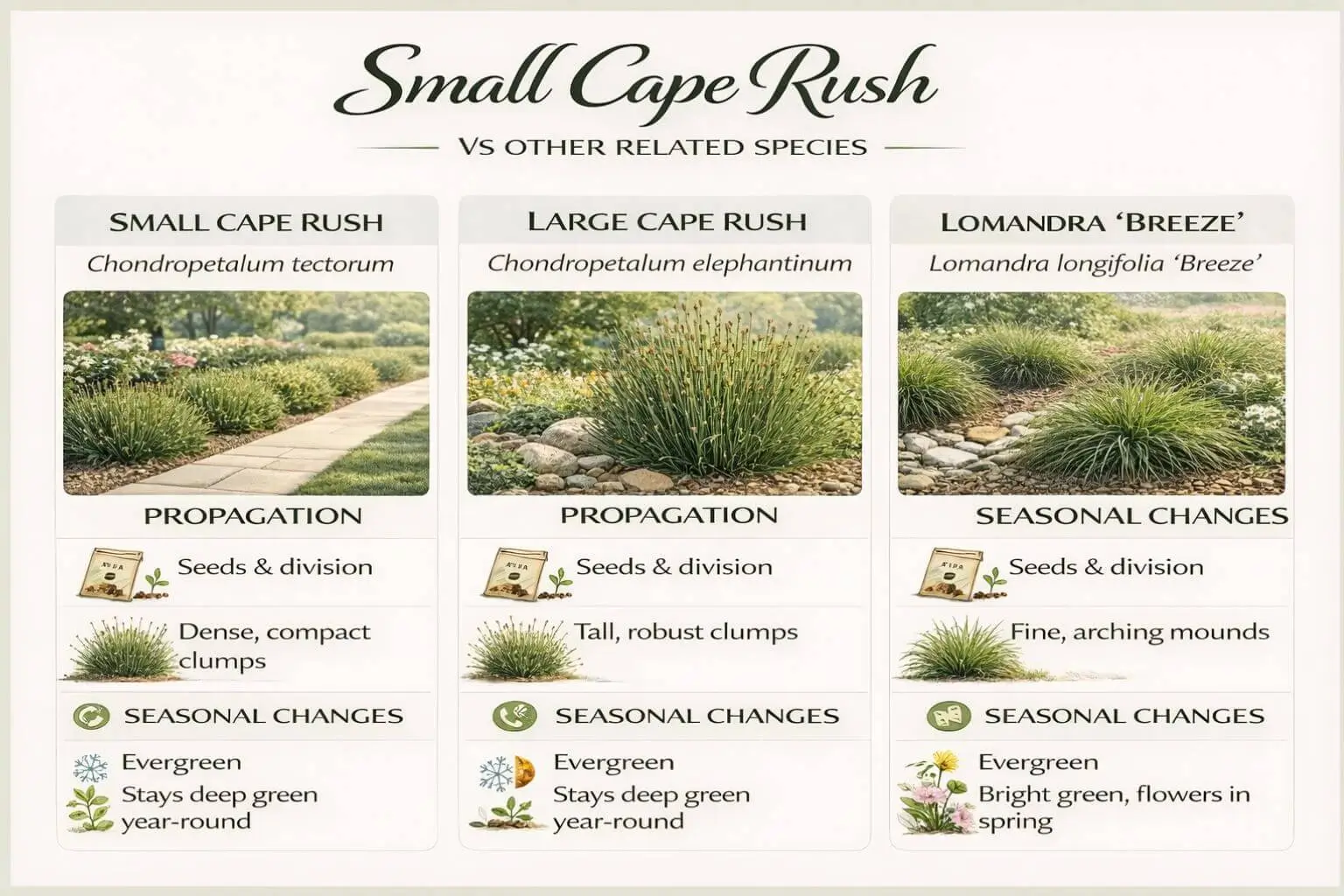 Small cape rush infographic comparing growth, propagation, and related species for gardening reference.