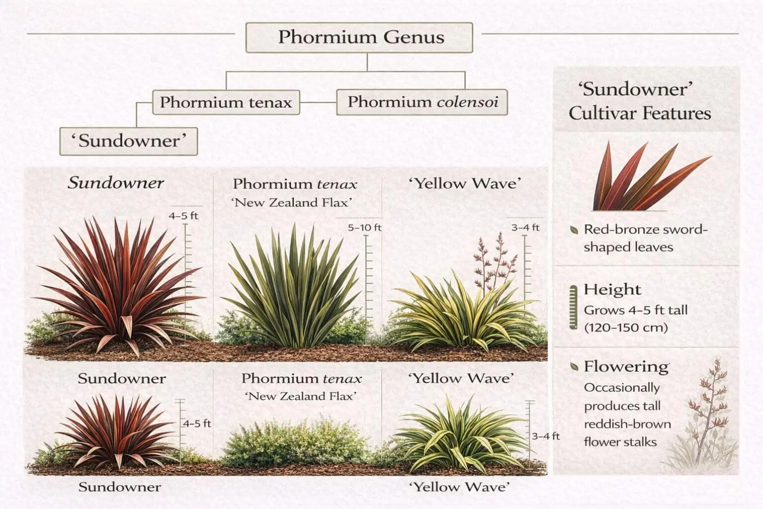 Sundowner New Zealand Flax botanical overview showing leaf color, height, flowering, and comparison with Phormium tenax and yellow wave