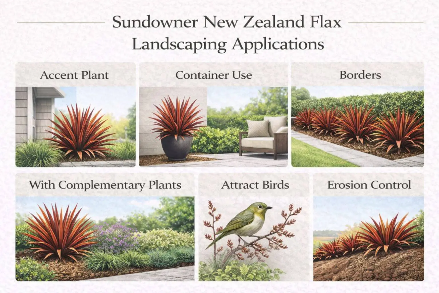 Sundowner New Zealand Flax landscaping uses with accent, container, border, and environmental benefits