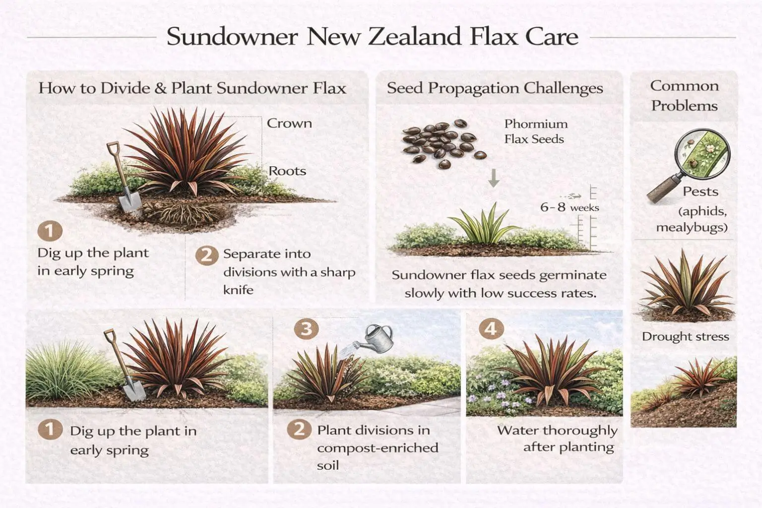 Sundowner New Zealand Flax propagation and common problems including division, seed propagation, pests, and drought stress