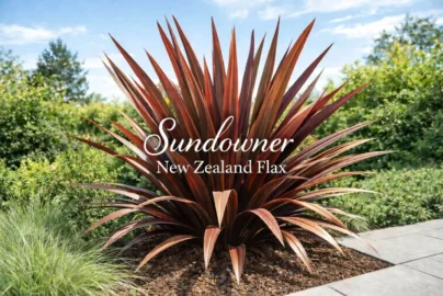 Sundowner New Zealand Flax in a modern garden showing vibrant red and bronze foliage and tall sword-shaped leaves