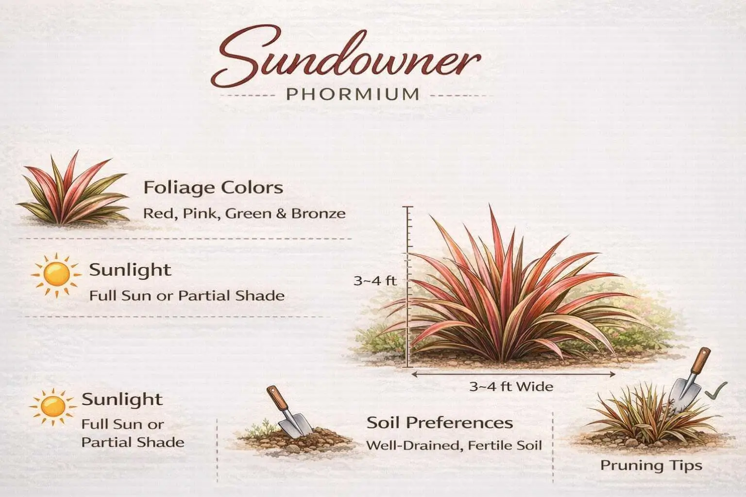 Sundowner Phormium plant infographic showing growth, care, and foliage colors