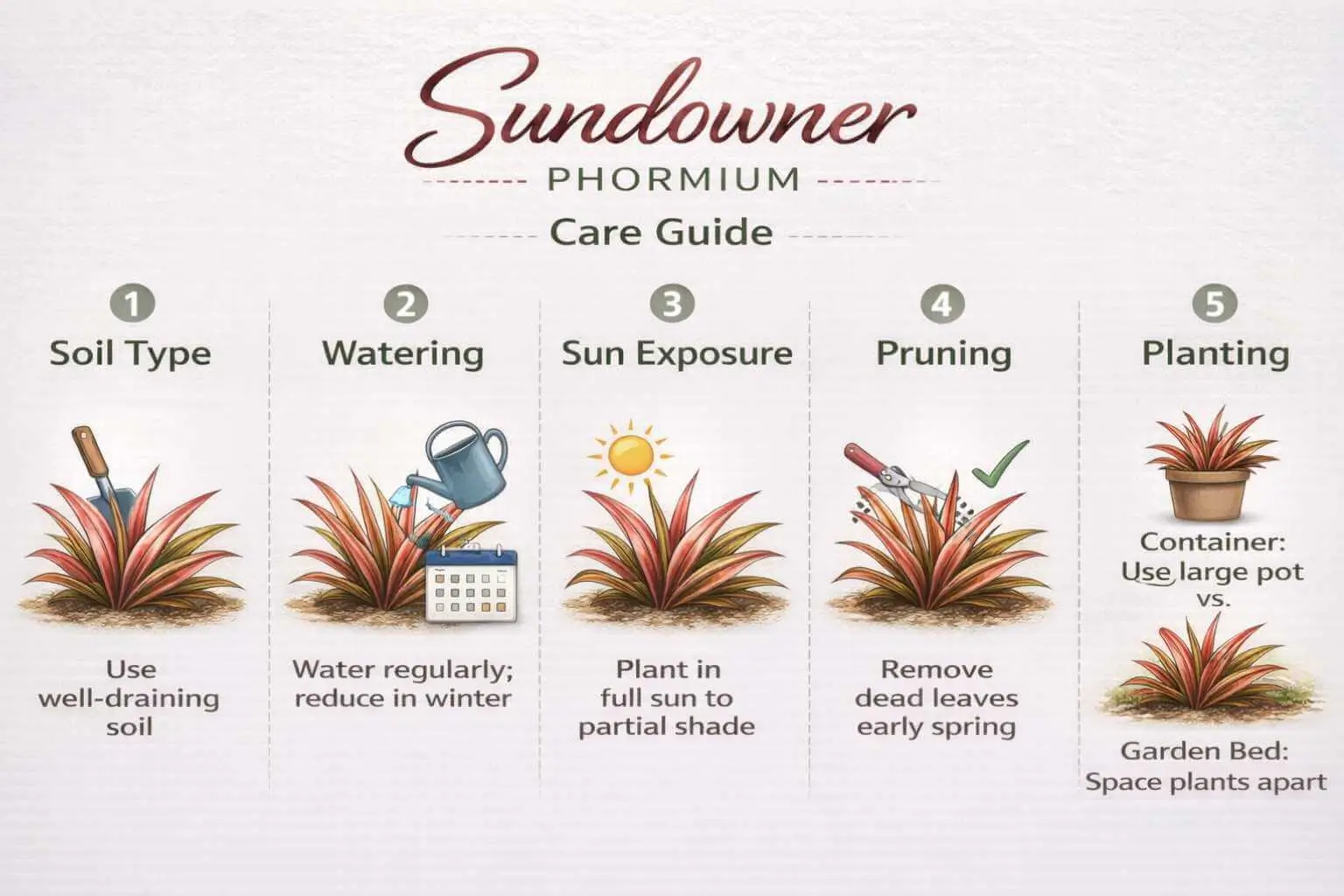 Sundowner Phormium care guide infographic with planting, watering, and pruning tips