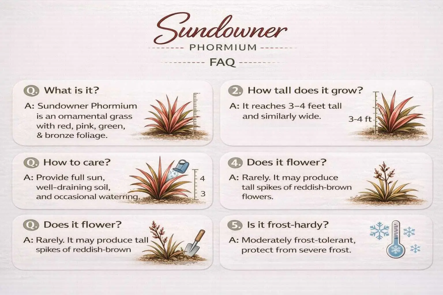 Sundowner Phormium FAQ infographic showing height, care, flowering, and hardiness