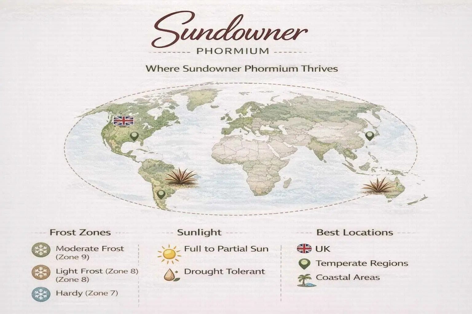 Sundowner Phormium climate and geographic suitability infographic showing hardiness zones and sun exposure