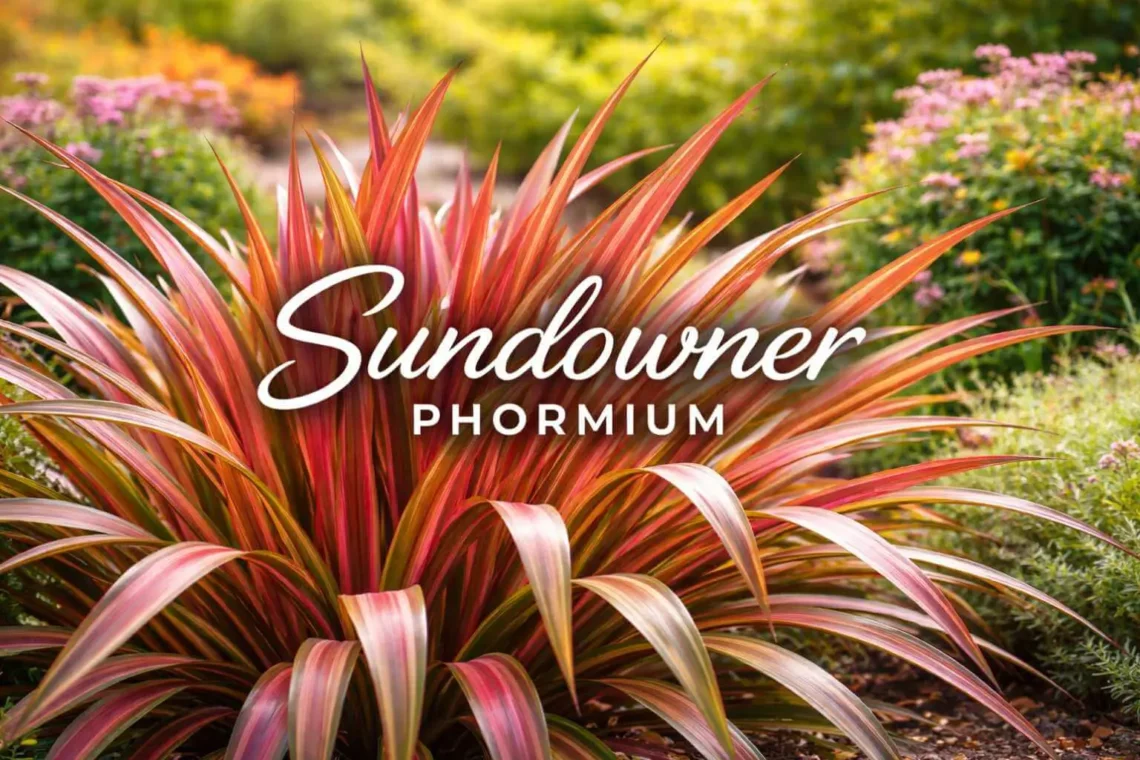 Sundowner Phormium plant in garden with colorful foliage