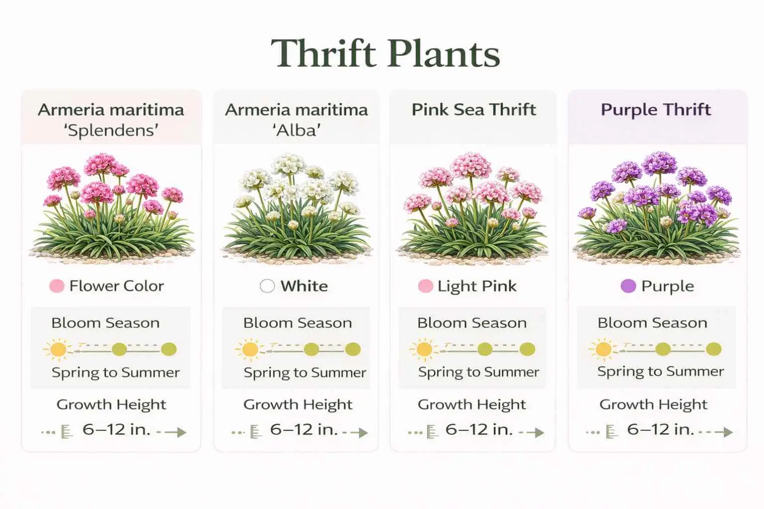 Thrift plants types infographic showing Armeria maritima Splendens, Alba, and other varieties with bloom colors and growth habits.