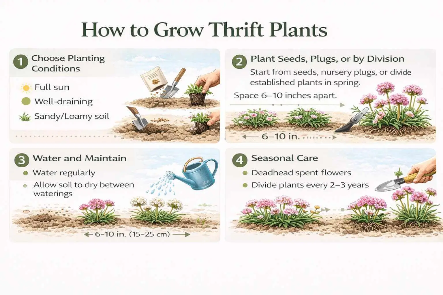 Step-by-step guide to growing thrift plants, showing planting, soil, sunlight, watering, and seasonal care instructions.