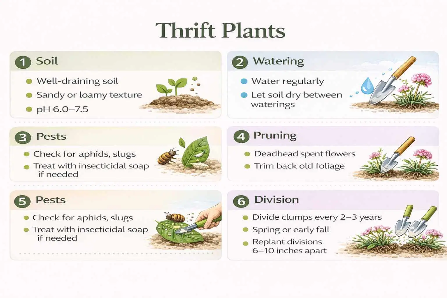 Thrift plants care infographic showing soil, watering, pruning, pests, and division tips for healthy growth.