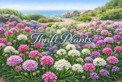 Thrift plants (Armeria maritima) in full bloom with pink, white, and purple flowers, ideal for gardens and ground cover.