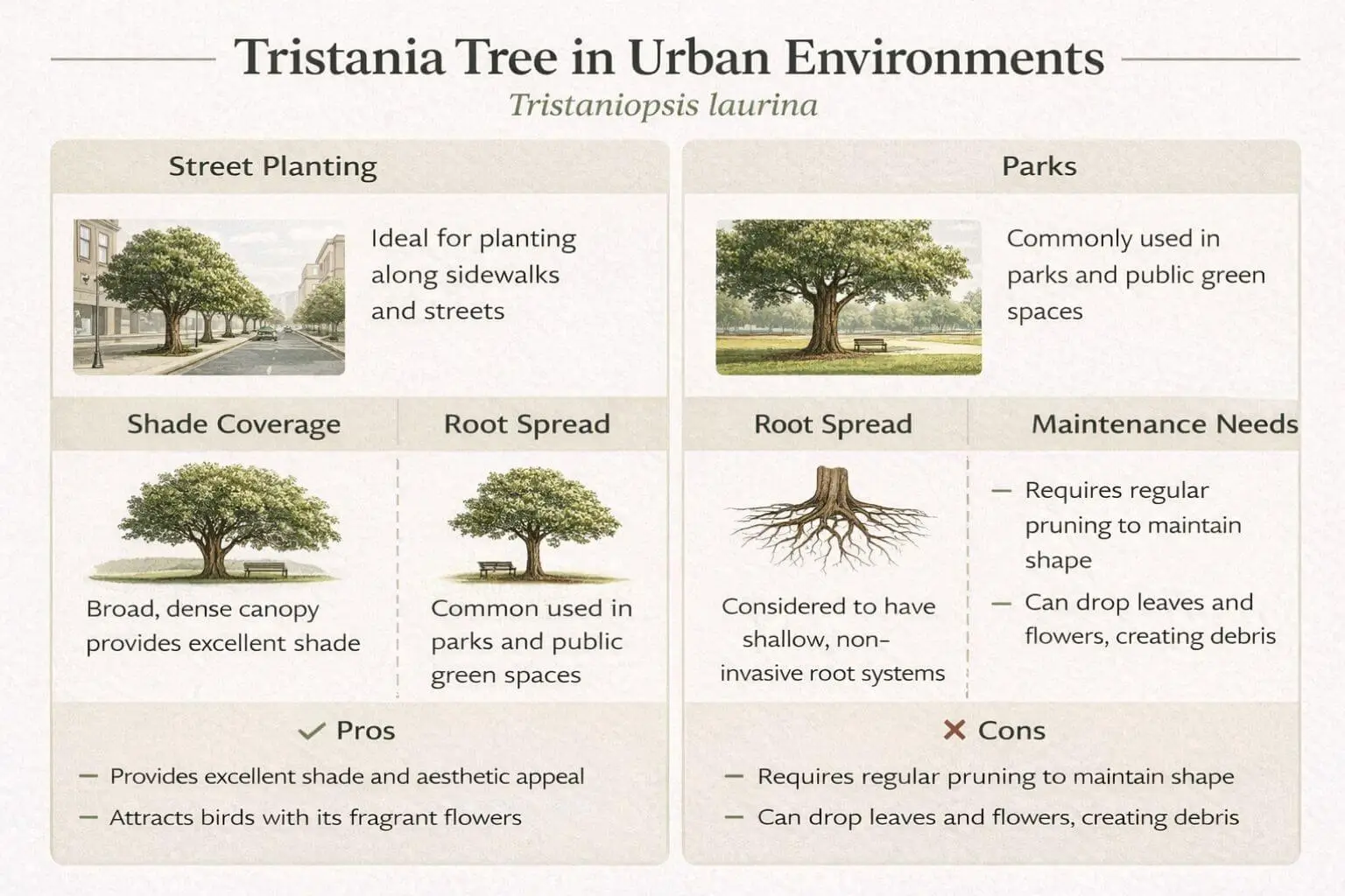 Tristania tree urban use infographic showing benefits, limitations, and landscaping suitability