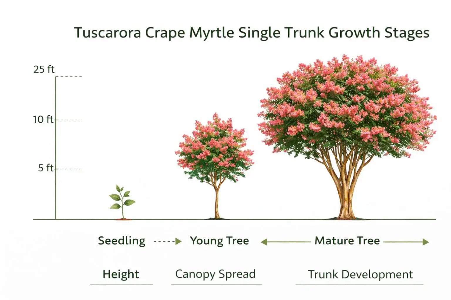 Tuscarora crape myrtle single trunk growth rate and mature size infographic