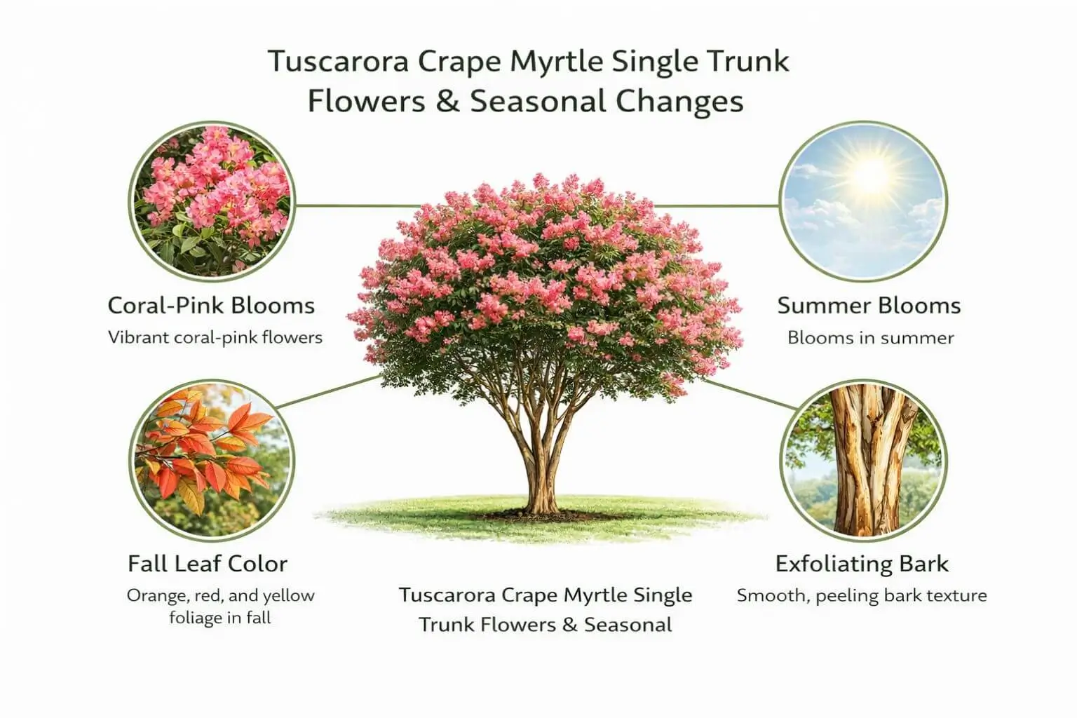 Tuscarora crape myrtle single trunk flower color, bloom time, and seasonal interest infographic