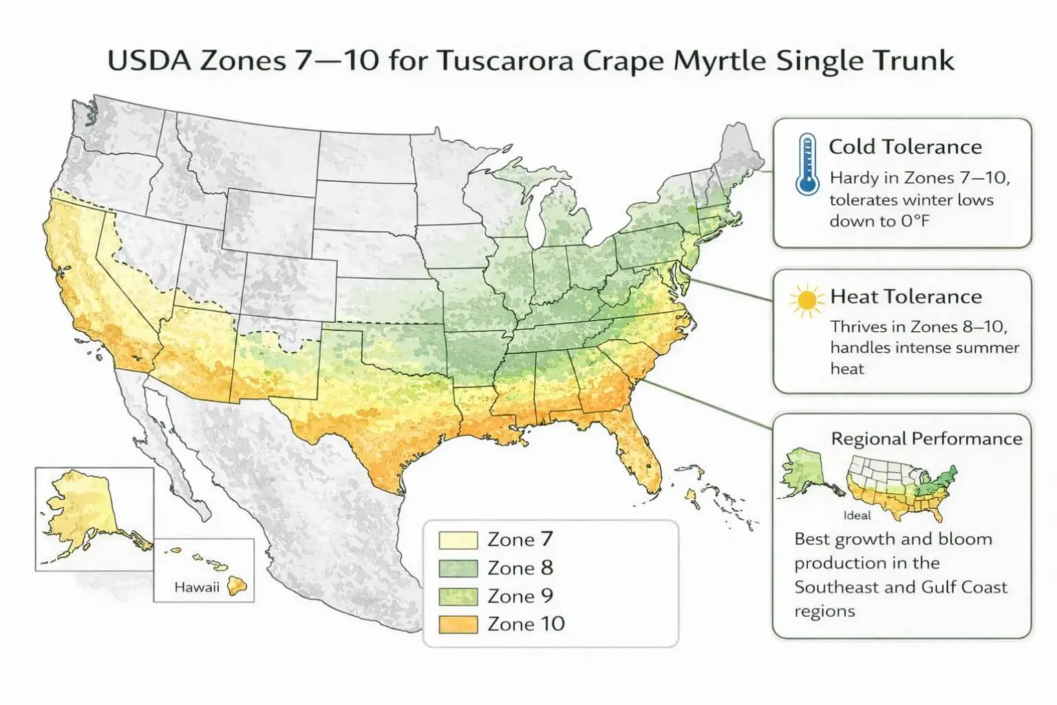 Tuscarora crape myrtle single trunk USDA hardiness zones and climate infographic