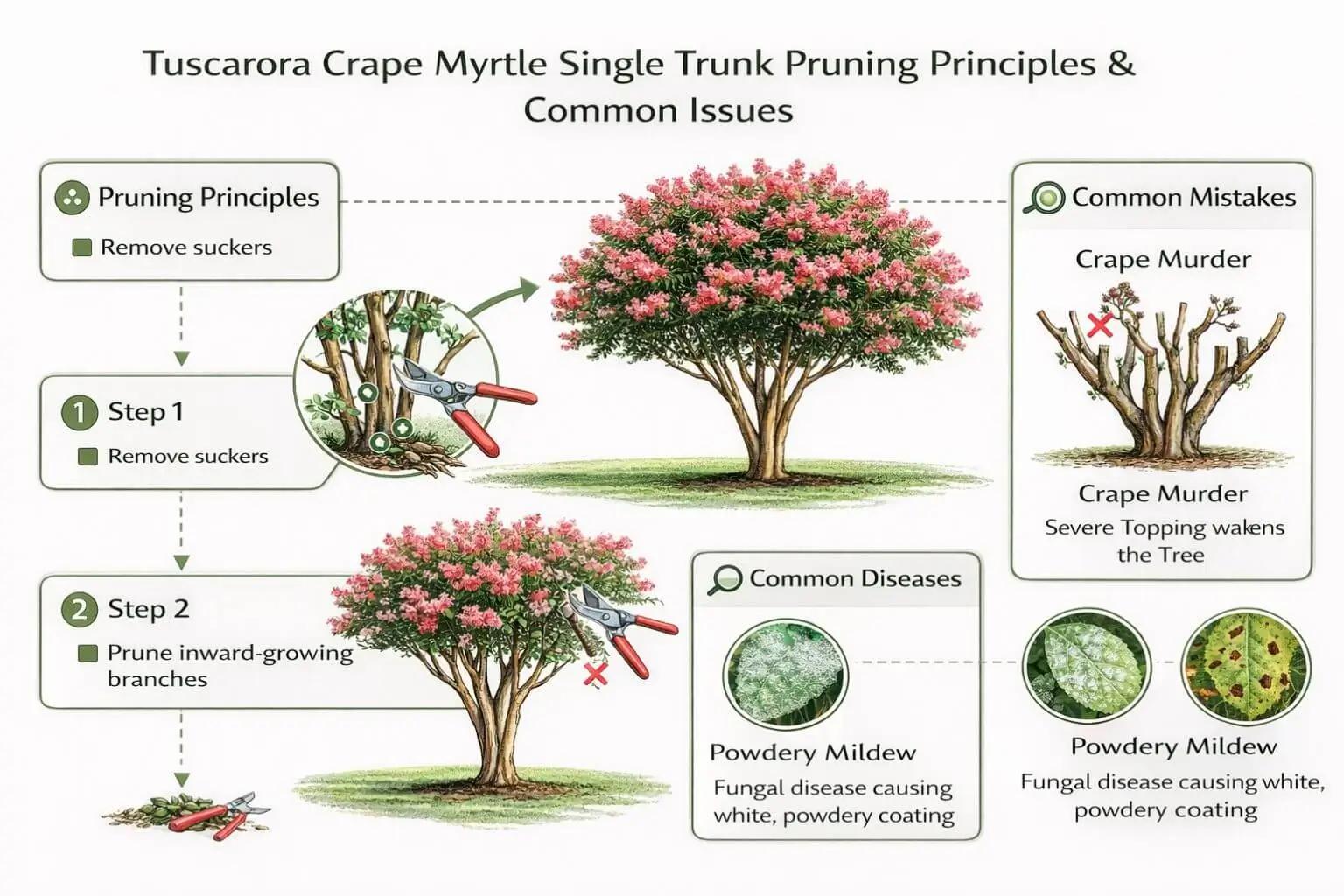 Tuscarora crape myrtle single trunk pruning, maintenance, and common problems infographic