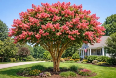 Tuscarora crape myrtle single trunk tree with coral-pink flowers in residential landscape