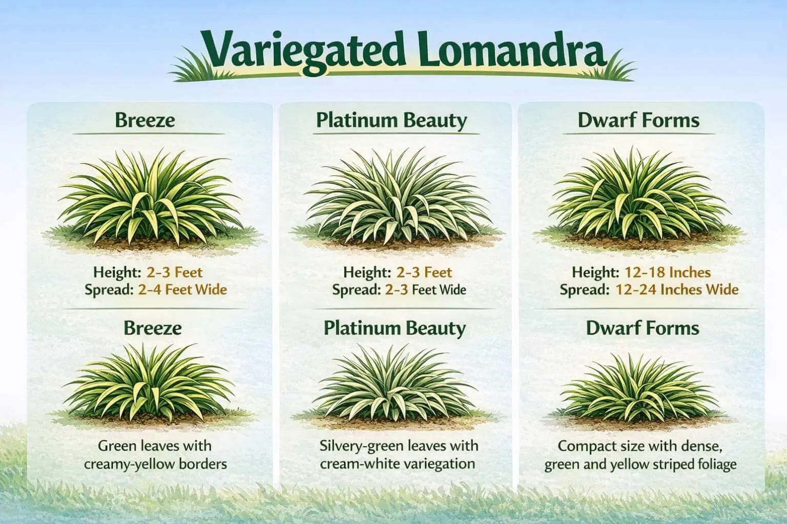 Variegated lomandra varieties infographic showing Breeze, Platinum Beauty, and dwarf forms with sizes and leaf colors