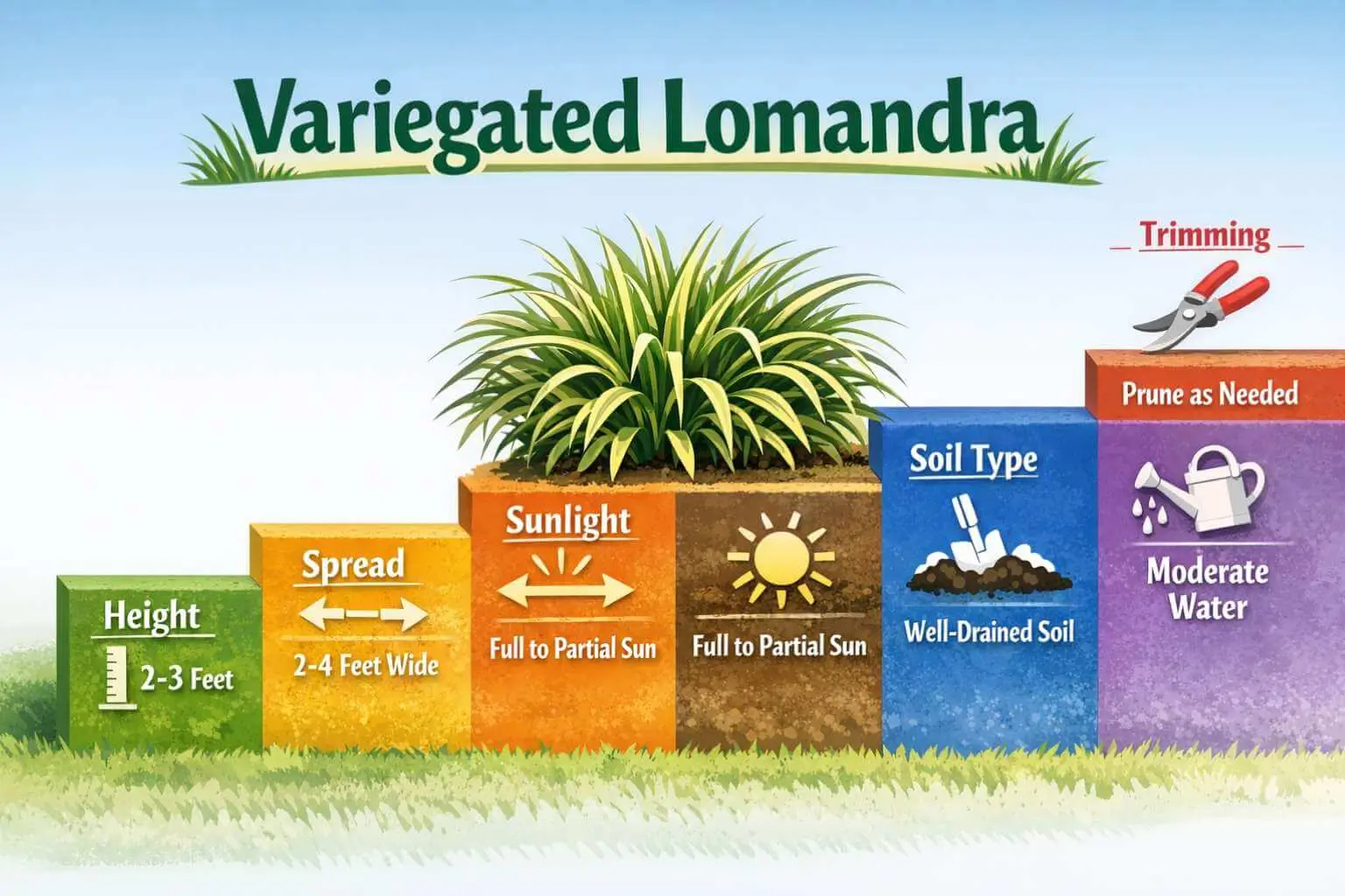 Variegated lomandra growth characteristics and care infographic with height, sunlight, soil, and watering tips