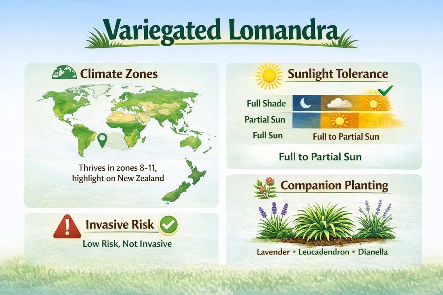 Variegated lomandra regional and ecological infographic showing climate adaptation, invasiveness, and companion planting