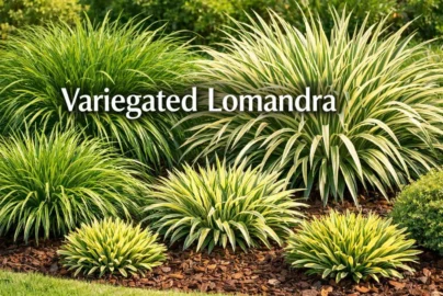 Variegated lomandra garden with Breeze, Platinum Beauty, and dwarf cultivars in full sun landscape