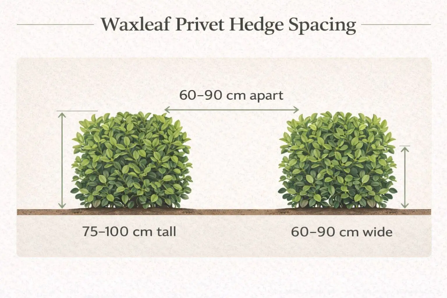 Waxleaf privet hedge spacing guide showing recommended planting distance, hedge height, and width for healthy and uniform growth.